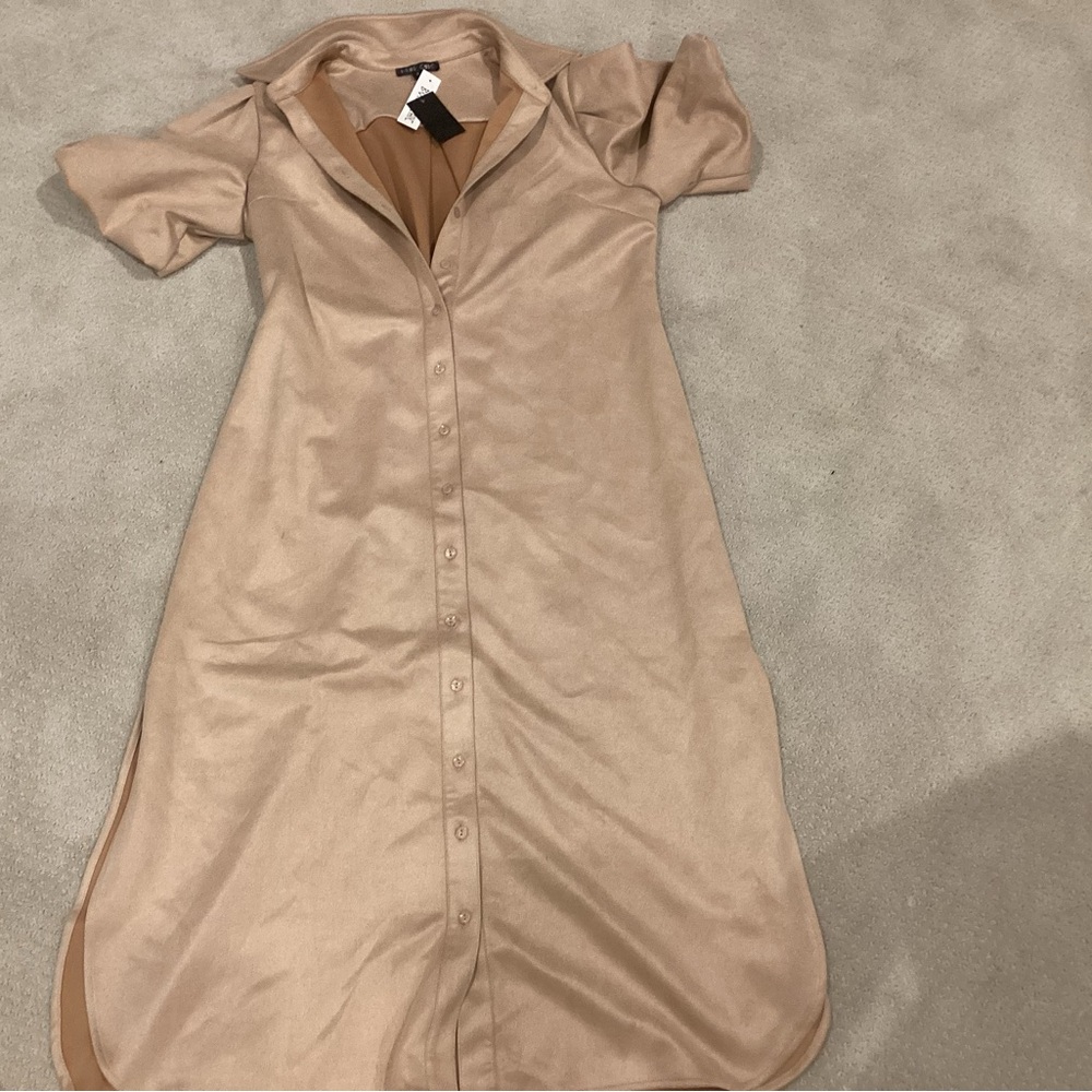 Button-Front Short Sleeve Midi Dress in Light Beige